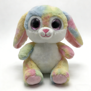 Conejito de peluche personalizado con efecto tie-dye en colores pastel, pelaje degradado multicolor, orejas interiores y almohadillas para las patas de color rosa, y hocico blanco esponjoso. - Product Image 4