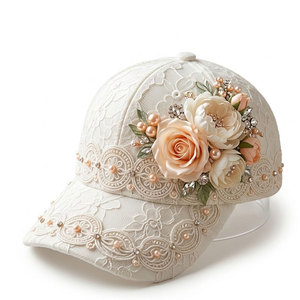 Premium <b>Women</b> Lace Baseball <b>Hat</b> With Floral Lace Embroidery Rhinestone Details Adjustable Fashionable Casual Headwear - Product Image 1