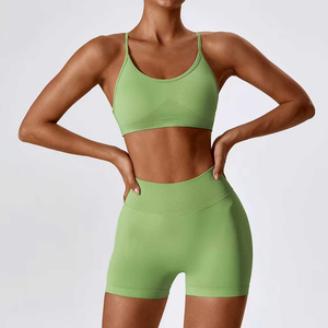 Women Yoga <b>Set</b> <b>Green</b> Seamless Racerback Crop Top High Waist Shorts 2 Piece Workout Sportswear Front Logo Spandex/Nylon - Product Image 6