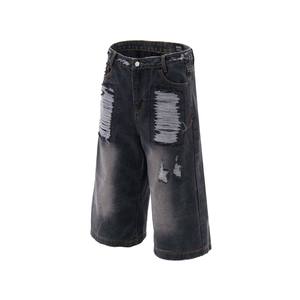 Pantalones Cortos de Mezclilla Desgastados para Hombre, de Pierna Ancha, Cintura Alta, Rotos, de Algodón, Casuales de Verano - Product Image 4