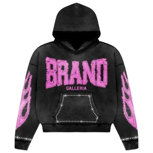 Sudadera con Capucha Negra para Hombre Marca Galleria, Estampado Flock con Logotipo Rosa, Estilo Urbano, Manga Larga, Corte Holgado, Invierno, Casual, Transpirable, Tejido Grueso - Product Image 3