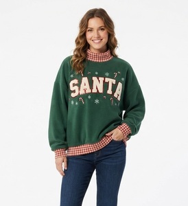 Sweat-shirt à col montant pour femme, en polyester/coton tricoté, écologique, brodé sur le devant, motif festif DEC 25, bordure en gingham vert - Product Image 6