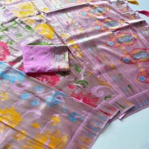 VASTRA COTTAGE Sari de viscosa de tejido Jamdani puro con bordado Zari completo, borde Paithani Minakari, borla Pallu de lujo y blusa - Product Image 3