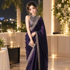 Sari de Seda Inspirado en Celebridades de Bollywood con Bordado de Lentejuelas, Diseño de Encaje, Secado Rápido, Precio al por Mayor para Bodas, Estilo Real - Product Image 2
