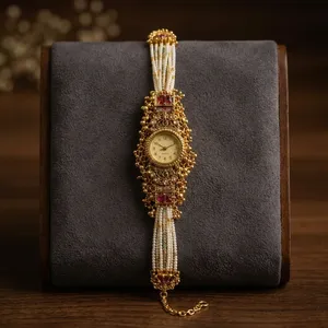 Handmade High Quality Traditional Indian Ethnic Ladies <b>Pearl</b> Gold Tone Wristwatch for Diwali - Product Image 2