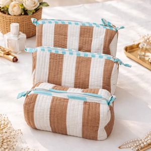 Sacs de maquillage en coton durable à rayures blanches et brunes imprimées, pochettes indiennes, trousse de rangement cosmétique de voyage - Product Image 1