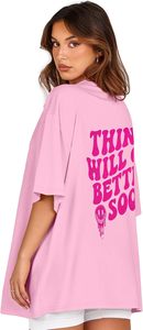 T-shirt rose surdimensionné pour femme, imprimé Smiley de dessin animé, coupe ample, manches courtes, col rond, jersey de coton, haut printemps-été - Product Image 2