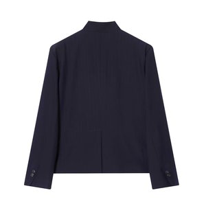 Women's Navy <b>Pinstripe</b> Blazer Set Mandarin Collar Single Button Long Sleeve Pants <b>Suit</b> Autumn Wear Anti Wrinkle Woven Fabric - Product Image 1