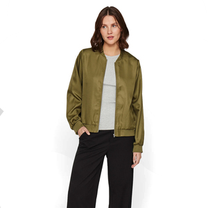 Chaqueta bomber acolchada de satén transpirable y ecológica para mujer, color rosa claro, manga larga, con cremallera, a prueba de viento. - Product Image 2