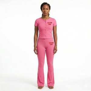 High Quality Women Cotton Short Sleeve Button T shirt And <b>Legging</b> Set High Waist <b>Flare</b> <b>Legging</b> Sets 2 Piece Loungewear Set - Product Image 2