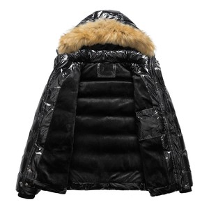 Men's Black Hooded Puffer Jacket With <b>Fur</b> <b>Trim</b> Windproof Zipper Closure Casual Winter Down Filled Regular Fit Solid Color OEM - Product Image 2