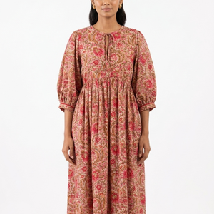 Hermoso vestido floral de algodón con estampado a mano, vestido para uso casual, vestido con estampado a mano. - Product Image 1