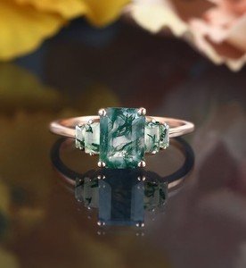 <b>Emerald</b> Cut Moss Agate Bridal <b>Ring</b> in <b>Silver</b> Classic Luxury Engagement <b>Ring</b> Vintage Wedding & Party Jewelry Gift Her Gold Plated - Product Image 1