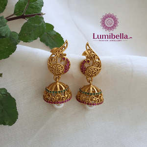 18K Gold Plated Zircon Pearl Drop Jhumka Earrings Classic Religious Geometric - Product Image 1