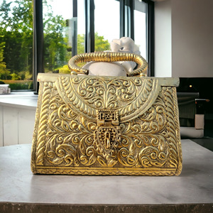 <b>Gold</b> Plated Brass Metal <b>Clutch</b> Bag Featuring Ornate Embossed Floral Pattern With Handle for Women Party At Wholesale Price - Product Image 1