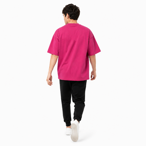 Camiseta de algodón de manga corta con cuello redondo, color rosa liso, estilo casual, de punto jersey, teñido liso, para hombre, talla grande - Product Image 4