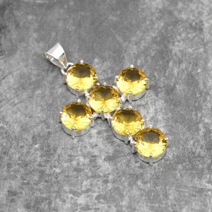 Collar Hecho a Mano con Colgante de Cruz de Citrino Amarillo, Chapado en Plata de Ley 925, con Piedras Redondas Multifacéticas - Product Image 4