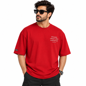 Khawaja Rafique Ullah Enterprises <b>Red</b> <b>Long</b> Oversized 100% Cotton <b>Men's</b> Casual Short <b>Sleeve</b> O-Neck T-<b>Shirt</b> Front Logo - Product Image 1