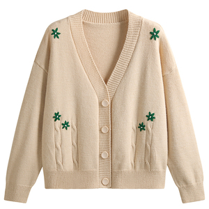 Women's <b>Black</b> Knitted <b>Cardigan</b> V-neck Long Sleeve Embroidered Floral Casual Autumn Top - Product Image 4