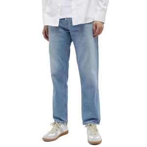 Pantalones vaqueros de mezclilla rasgados de cintura alta y pierna ancha para hombre, estilo casual, de algodón, color azul claro sólido, de peso medio, corte holgado. - Product Image 3