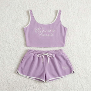 High Quality Women Cotton 2 Piece Solid <b>Colour</b> Summer <b>Set</b> Custom Logo Sleeveless Crop Tank Top High Waist Shorts Gym Wear - Product Image 3