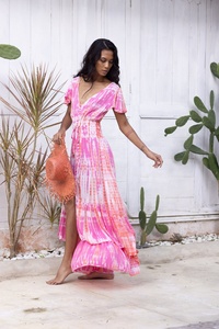 Nouvelle arrivée Robe maxi tie-dye pour femmes, vêtements de plage, 100% coton, silhouette en A, col en V - Product Image 5