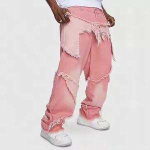 <b>Men</b> Heavyweight Straight Baggy Patchwork Washed <b>Pink</b> Denim Patches Pants Mid Waist Oversize <b>Pink</b> <b>Trousers</b> - Product Image 2