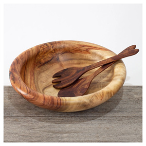 High Quality Acacia Wooden Salad Bowl with Servers Flatware Hand Carved American Style Wholesale Nice Price From Indian Factory - Product Image 4