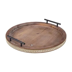 Round Wooden Serving Tray With Metal Handles 16 Inch Handmade Retro Design Solid Color <b>Decorative</b> <b>Plate</b> - Product Image 1