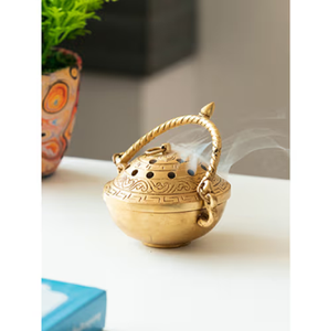 Vintage brass pedestal dhoop incense <b>burner</b> censer with <b>side</b> handle and pointed lid, available at wholesale prices. - Product Image 2