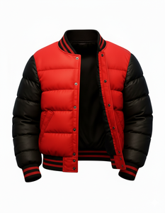 Blouson d'hiver pour homme, style universitaire, rouge et noir, matelassé, à boutons-pression, coupe bomber, streetwear, col et poignets côtelés, coupe ajustée, vêtement d'extérieur - Product Image 2