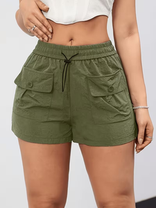 High Waist Cargo Shorts Solid Color Drawstring Elastic Waistband Casual Women's Athletic Short Pants - Product Image 2