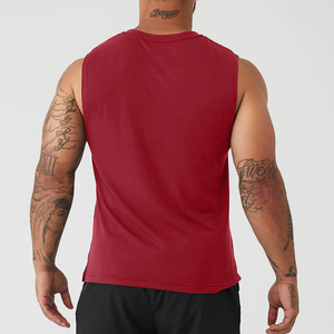Men's <b>Red</b> Solid Color Mandarin Collar Sleeveless Knitted 100% Cotton Beaded Breathable <b>Tank</b> <b>Top</b> Casual Style - Product Image 4