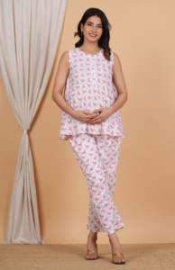 Ensemble deux pièces imprimé flamant rose, ensemble coordonné de maternité, haut et pantalon de maternité pour femmes enceintes, vêtements de grossesse - Product Image 1