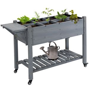 Fioriera Quadrata Grande in Metallo, Vaso Rialzato da Giardino con 8 Griglie per la Coltivazione, Ripiano Portaoggetti e Ruote Bloccabili, Realizzato in Abete - Product Image 1