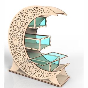 Caja de Regalo de Madera con Forma de Luna Creciente para Ramadán, Organizador de Dulces y Dátiles con Cajón Acrílico de 3 Niveles, Decoración Islámica para Eid Mubarak - Product Image 1