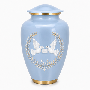 Urna Funeraria Azul Cielo con Palomas Blancas y Encaje Grabado, Adhesivo Conmemorativo con Imagen, Urna de Esmalte para Cenizas Humanas - Product Image 1