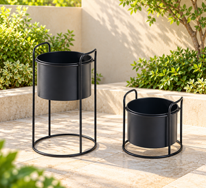 Juego de 2 Macetas de Metal Negro con Soportes Redondos de Alambre, Macetas Cilíndricas Modernas con Asas para Jardín Interior y Exterior - Product Image 5