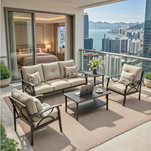 Set di Mobili da Giardino in Metallo per Tutte le Stagioni, 5 Pezzi, con Cuscini Beige Spessi 4 Pollici e Struttura Color Caffè Kaki, Divano Conversazione a 5 Posti - Product Image 1