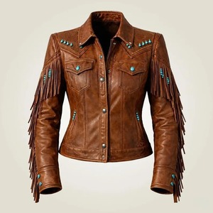 <b>Womens</b> <b>Brown</b> <b>Leather</b> Western Fringe <b>Jacket</b> Turquoise Studded Boho Cowgirl Coat - Product Image 1