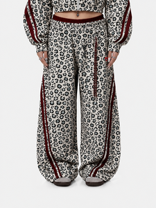Jogging à jambes larges pour femmes, imprimé léopard blanc et noir, à rayures rouges, décontracté, streetwear, respirant, à la mode - Product Image 1