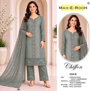 Designer Pakistani Suit Set Heavy Chiffon with Heavy Embroidered Sequence Work and Hand Work India Export at Bulk Price - Product Image 4