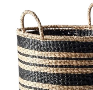 Wholesale Manufacturer Natural Seagrass <b>Basket</b> with Black Striped Blocks Storage Laundry <b>Hamper</b> Bin with Handles Style - Product Image 3