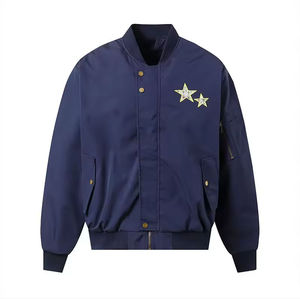 Men's Black Bomber <b>Jacket</b> Stand Collar Embroidered <b>Stars</b> Casual Polyester Autumn Wear Regular Fit - Product Image 2