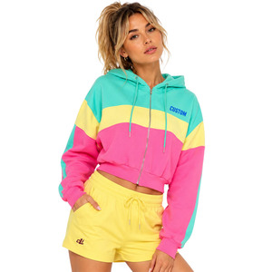 Fashion Forward Color Block Cropped <b>Zip</b> Hoodies Matching <b>Shorts</b> Set Custom Logo Heavy Winter Fleece Relaxed Fit Y2K Tracksuit - Product Image 1
