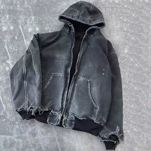 Haute qualité Vintage surdimensionné en détresse sweat cordon acide lavé à capuche à capuche fermeture éclair Denim soleil délavé veste à capuche - Product Image 1