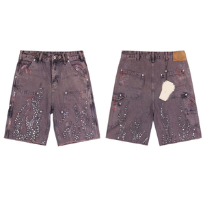 Men's High Waist Cargo Bermuda <b>Shorts</b> <b>Sequined</b> Rhinestone Decorated Street Style Button Fly 100% Cotton Canvas Fabric - Product Image 1