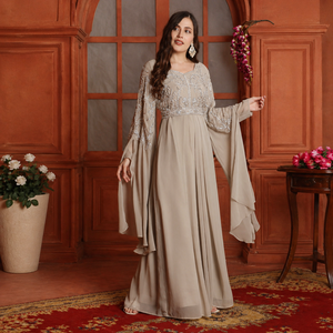 Elegant Beige Modern Embroidered Appliques Cape Sleeve Gown for Women <b>Chiffon</b> Straight <b>Maxi</b> <b>Dress</b> Flowing Cape Sleeves Modest - Product Image 2