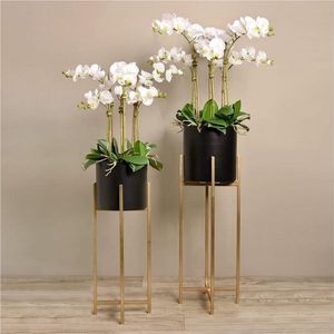 Pot de fleurs moderne minimaliste en métal noir avec support doré, pot décoratif d'intérieur, porte-plantes de luxe pour la décoration de la maison et du bureau - Product Image 4