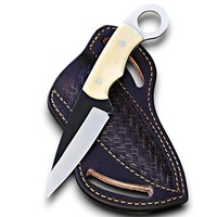 Couteau de chasse multifonctionnel artisanal professionnel en acier inoxydable Damas 12C27 avec trou pour le pouce, pour le camping, la survie et les activités de plein air, Camel